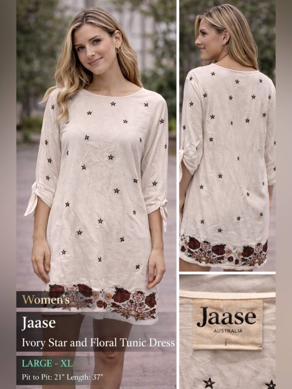 Jaase Ivory Star and Floral Tunic dress LARGE - XL pit to pit 21in length 37in